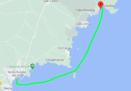 Ruta para llegar a Cala Boix en barco desde Santa Eulalia en Ibiza