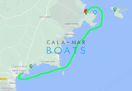 Ruta para llegar a Cala Pou des Lleo en barco desde Santa Eulalia en Ibiza